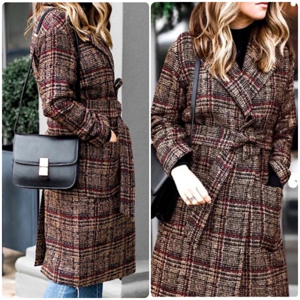 Express Plaid Wrap Oversized Tan Navy Red Trench Coat w/ Removable Belt XS